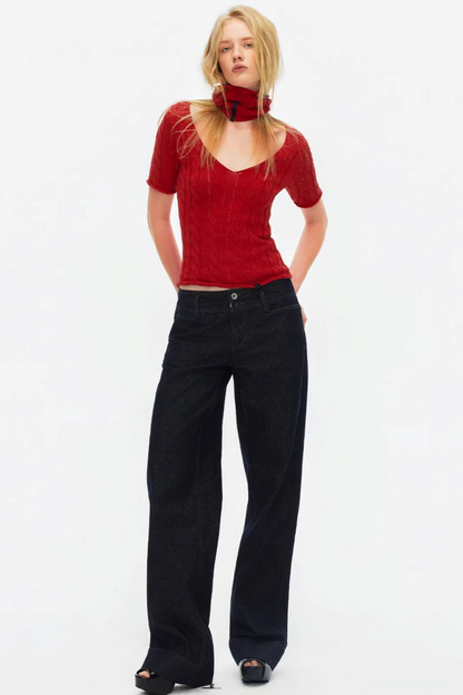 Hollow-Out Knit V-Neck Top