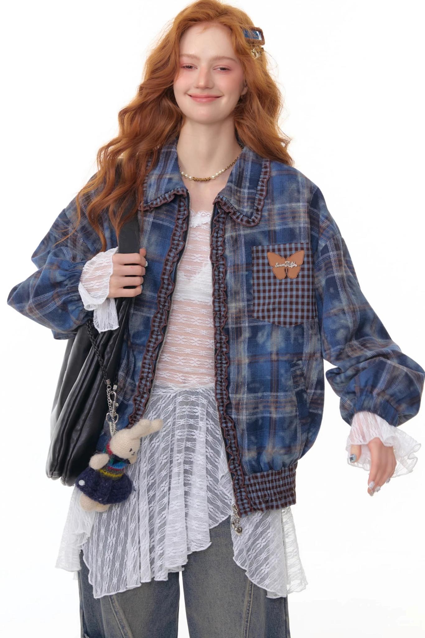 High-End Retro Blue Plaid Jacket