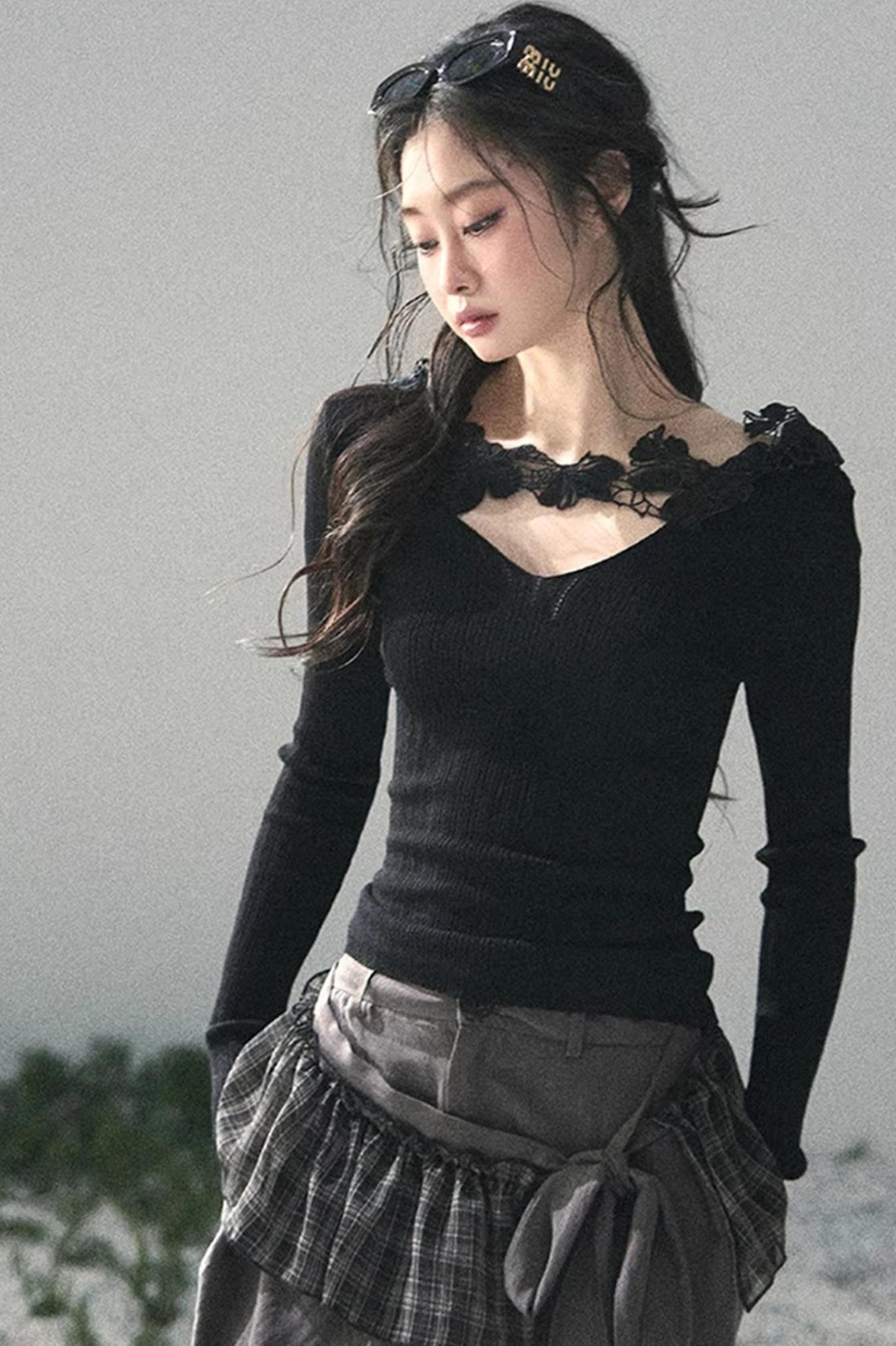 Lace-Trimmed Knitted Top
