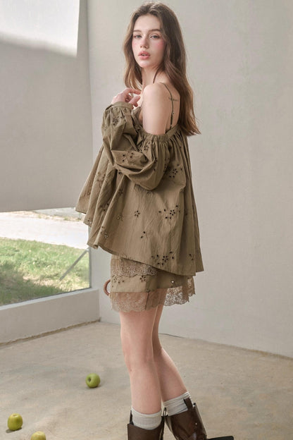 Embroidery Elegant Slanted Shoulder Skirt Set-Up