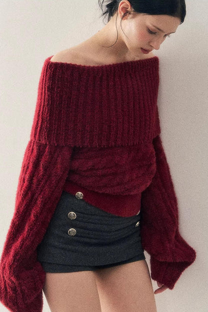Off-Shoulder Cable Knit Sweater