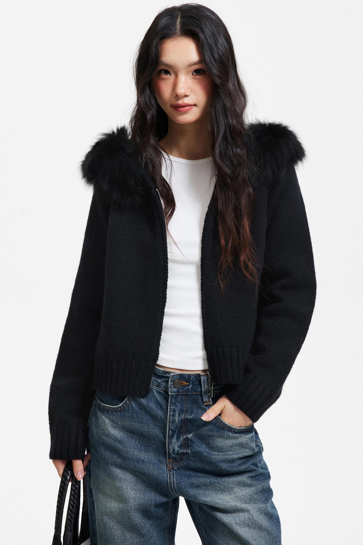 Knitted Sweater Jacket with Fur Collar