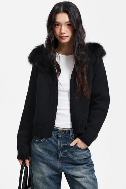 Knitted Sweater Jacket with Fur Collar