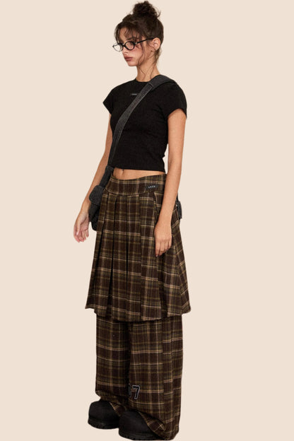 Casual Woolen Plaid Skirt And Pants Set-Up