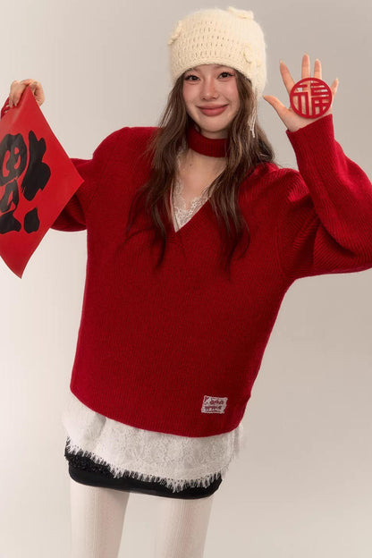 Asgony Red Retro Knit Sweater