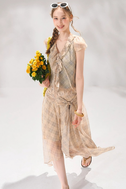 Completo a Due Pezzi Retro a Quadri in Chiffon