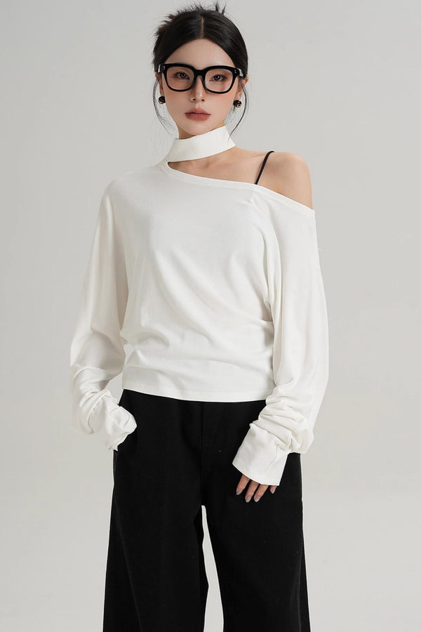 Halterneck Slanted Shoulder Long Sleeve Top