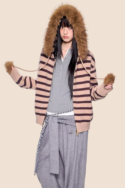 Fur Collar Striped Knit Cardigan