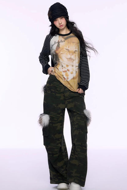 Cat Print Raglan Knit Top