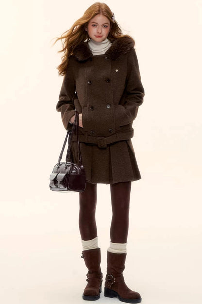 Retro Coffee Woolen Coat Set-Up