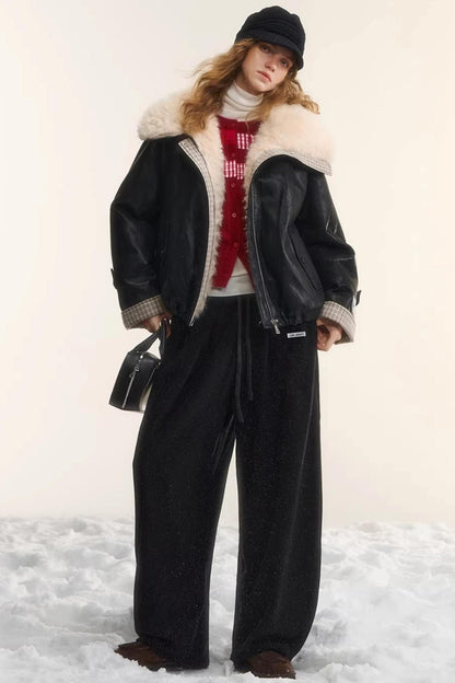 Velvet-Feel Curved-Leg Pants