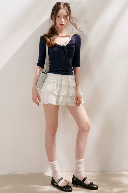 French Wave Lace Bow Blouse