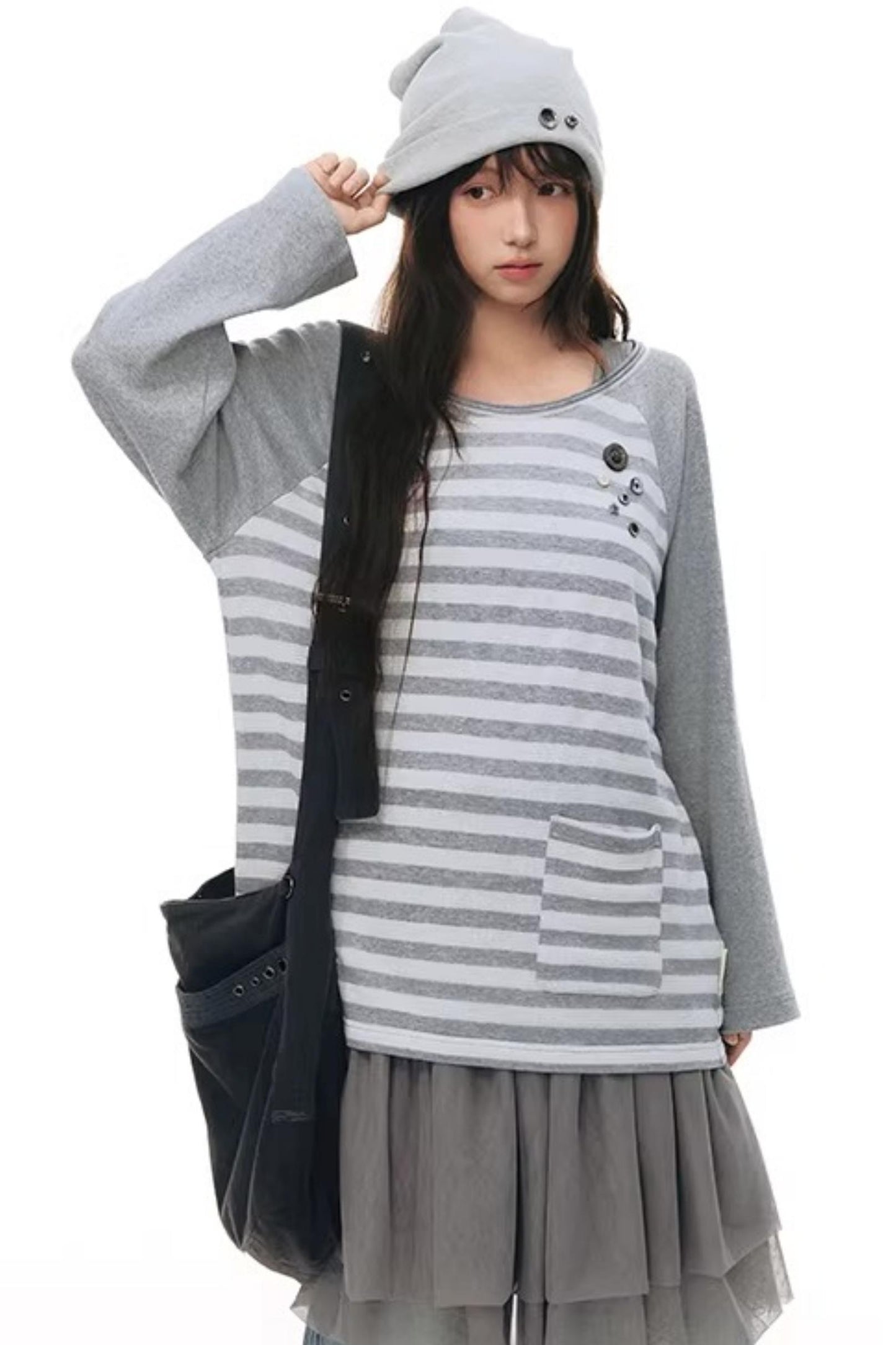 Button Striped Off-Shoulder Top