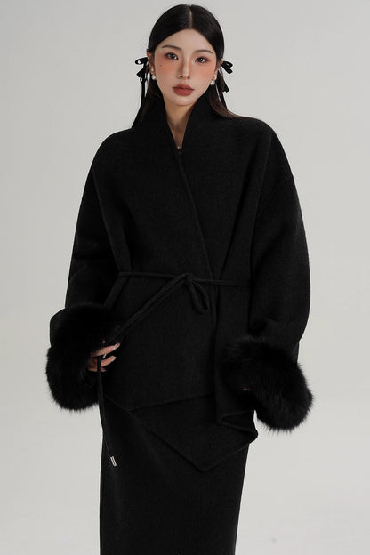 Elegant Fox Fur Sleeve Wool Coat