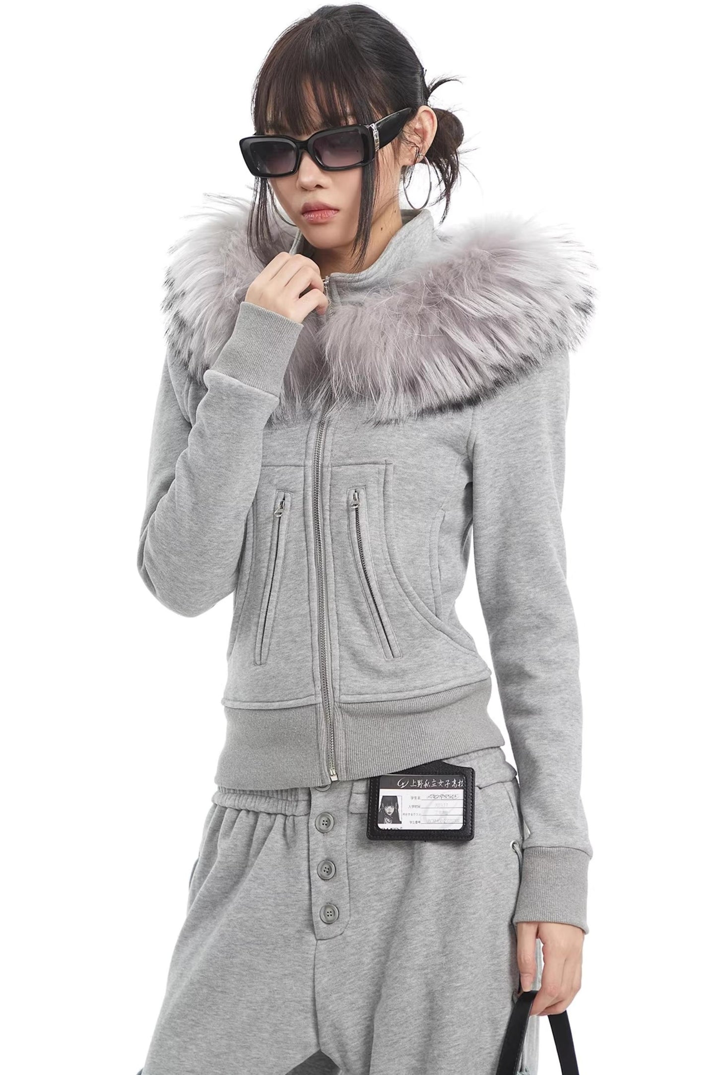Korean Fur Collar Hooded Jacket Set-Up