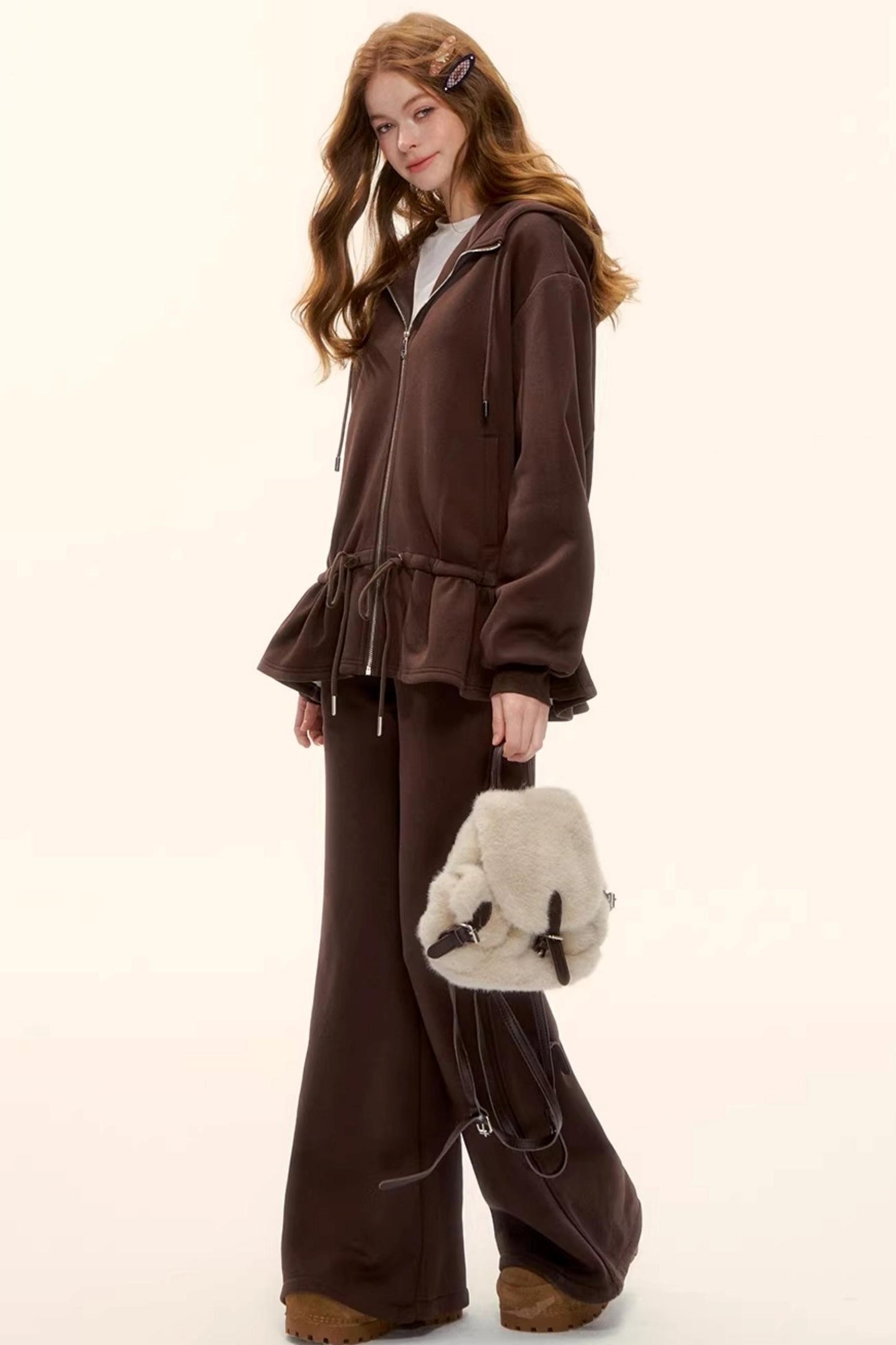 Hooded Drawstring Fleece Jacket Set-Up