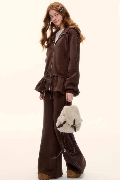 Hooded Drawstring Fleece Jacket Set-Up