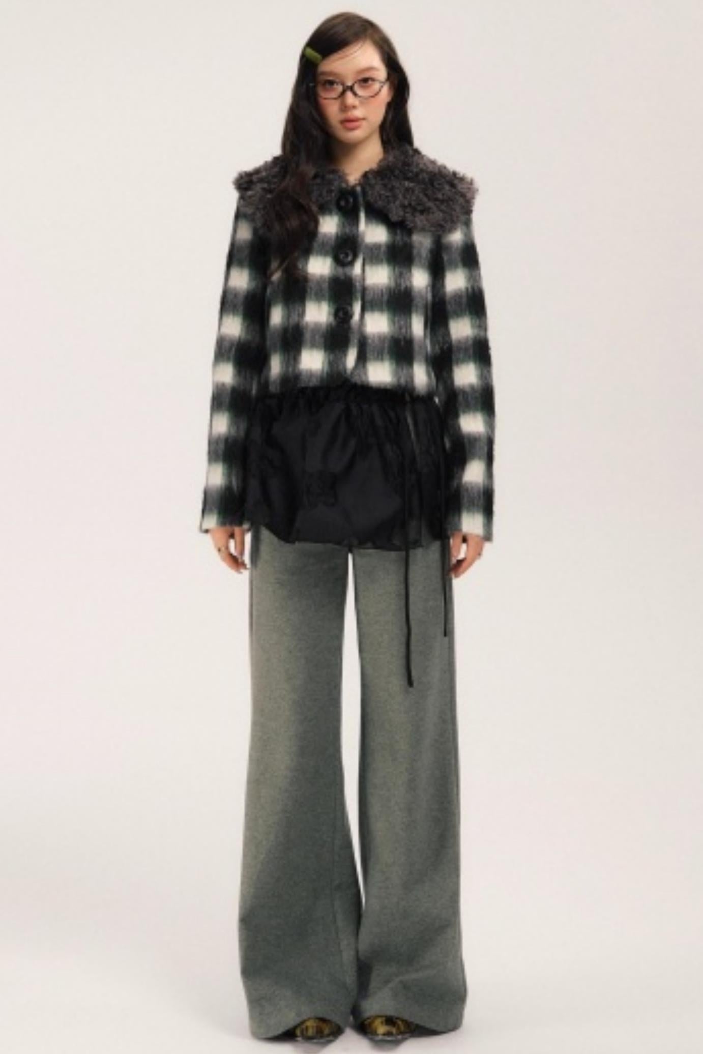 Plaid Wool Fur Collar Jacket