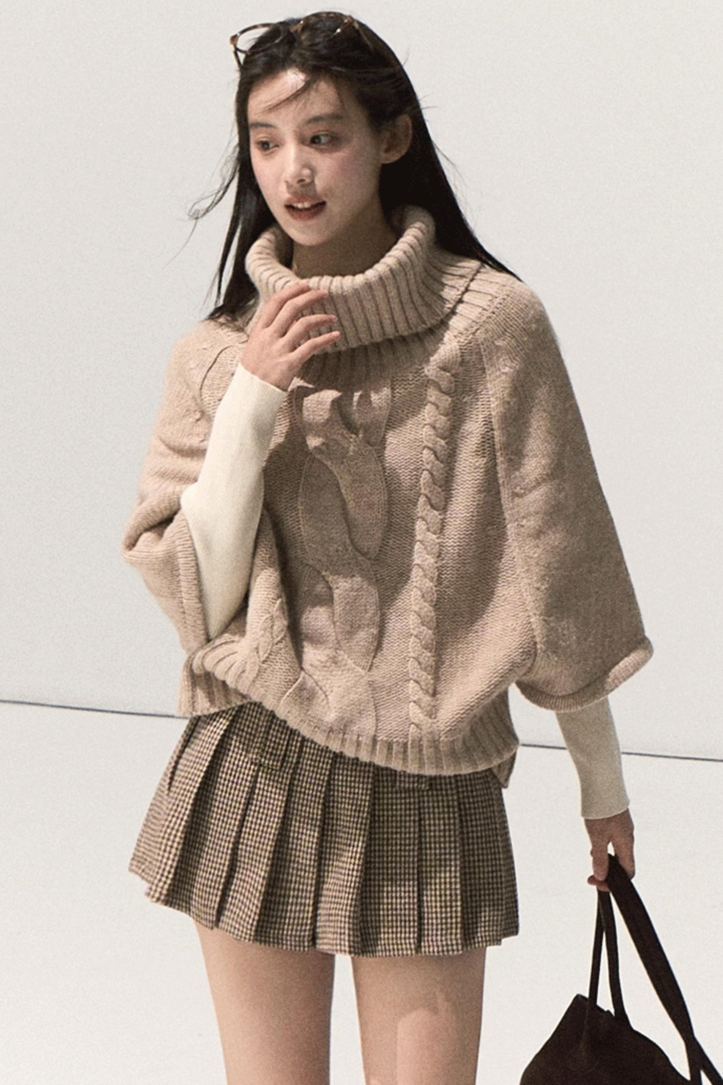 Wool Twist Knit Cape Sweater Top Skirt Set-Up