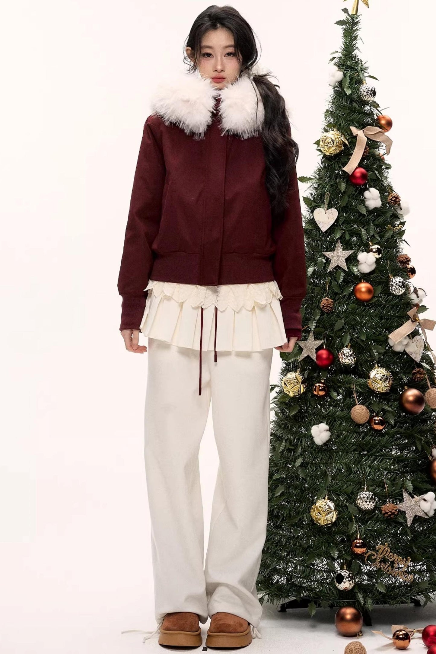 Burgundy Black Fur Collar Coat Set-Up