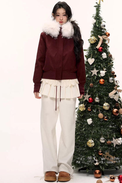 Burgundy Black Fur Collar Coat Set-Up