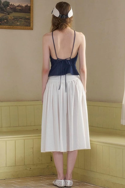 Cow Blue Pleated Denim Wide-Leg Pants Set-Up