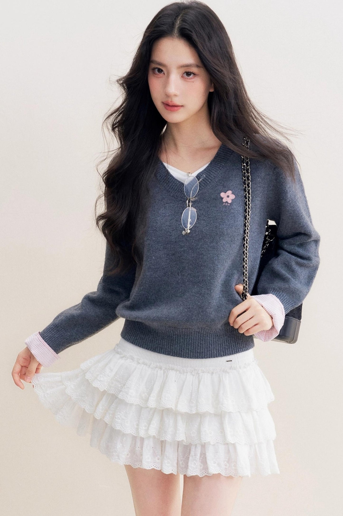 Romantic Check Wool-Blend V-Neck Sweater