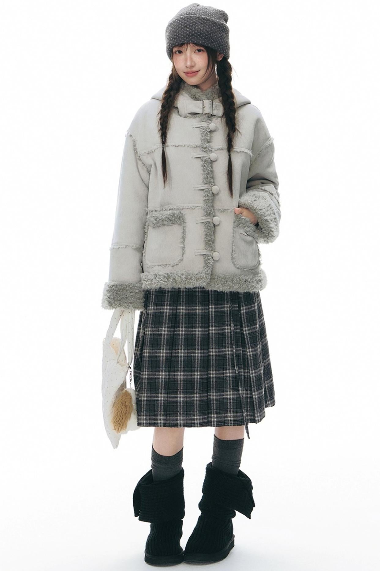 Double Waist Plaid Woolen Pleated Midskirt
