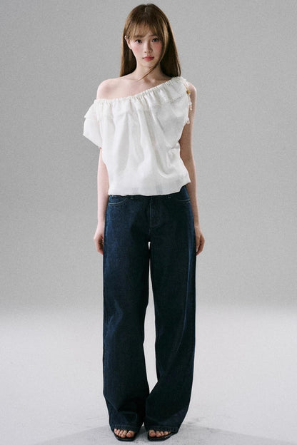 Beaded One-Shoulder Linen Top