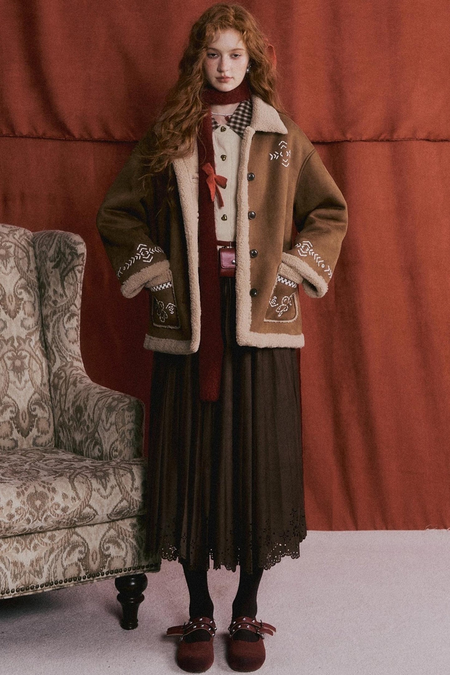Embroidered Shearling Wool Jacket Set-Up