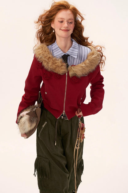 Detachable Fur Collar Double Zipper Jacket
