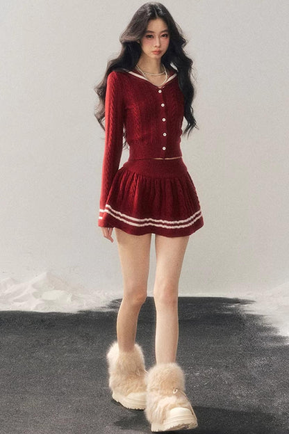 Red Evening Breeze Knitted Sweater Set-Up