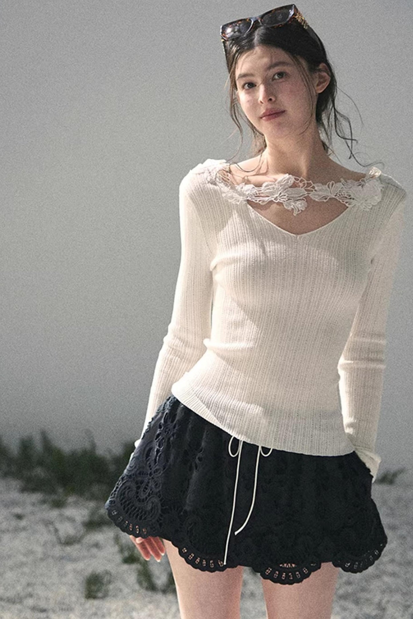 Lace-Trimmed Knitted Top