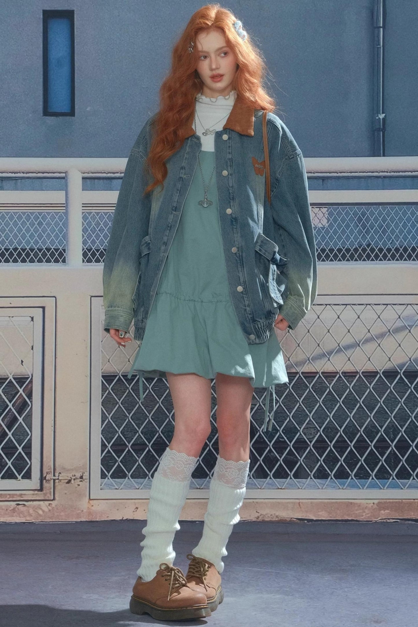 Bow Corduroy Collar Retro Denim Jacket