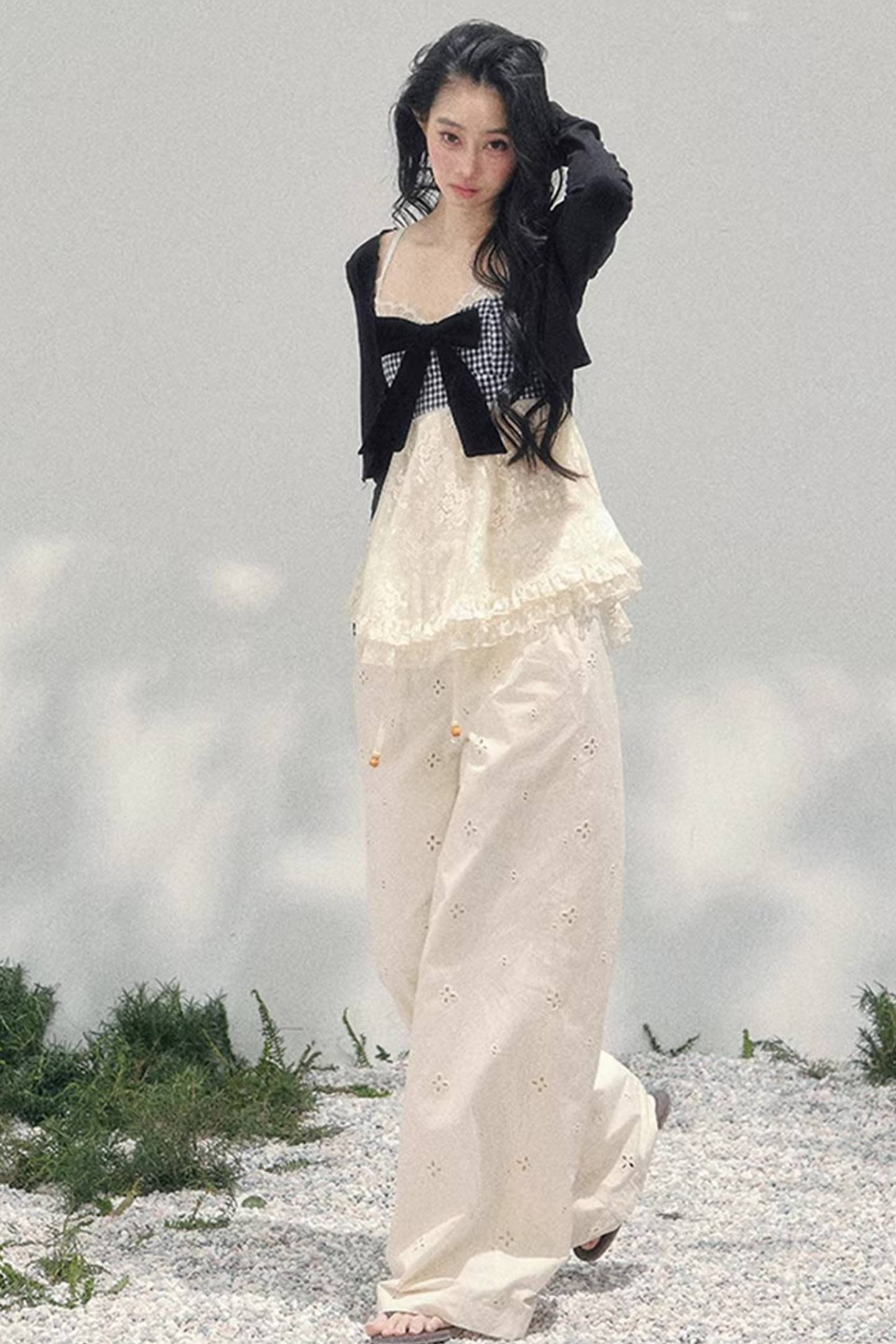 Bow Lace Plaid Top Set-Up