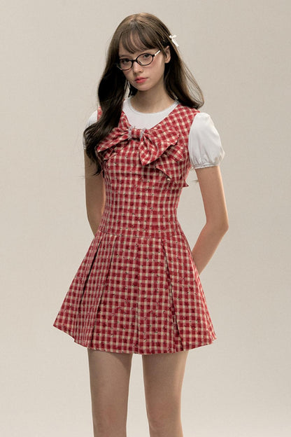 Red Check Floral Bow Vest Dress