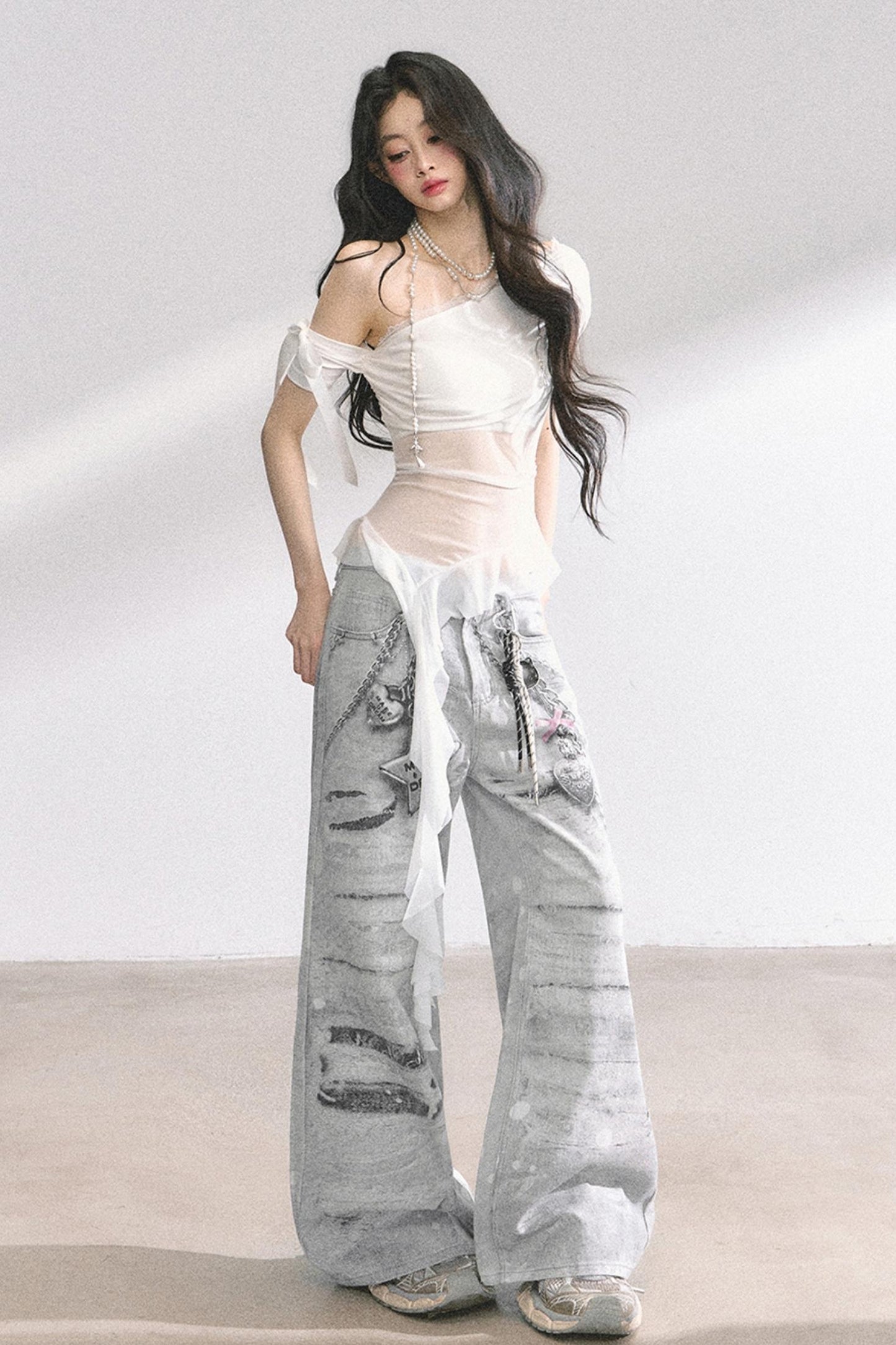 Sheer Mesh Off Shoulder T-Shirt