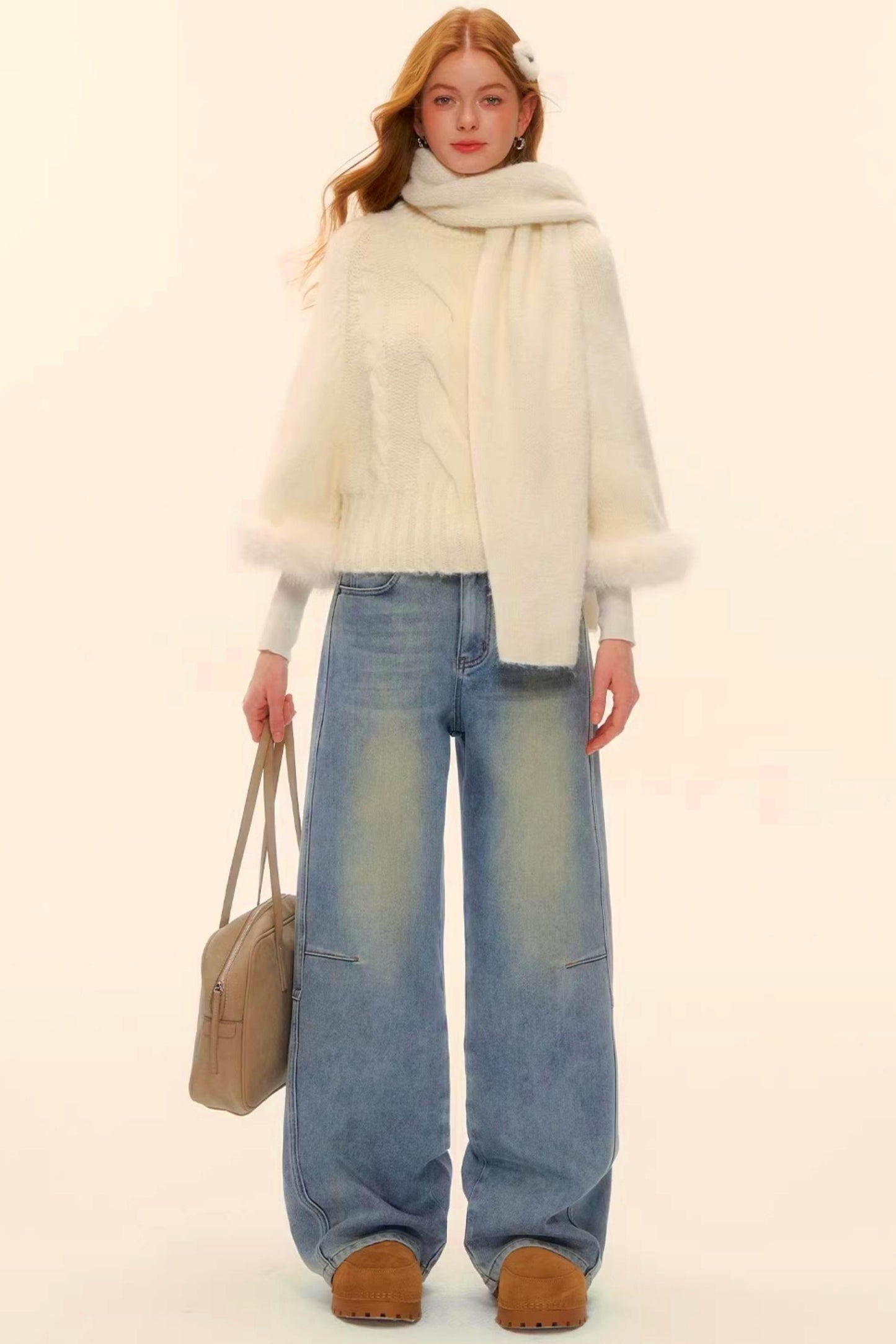 Washed Denim Curved Cut Pants