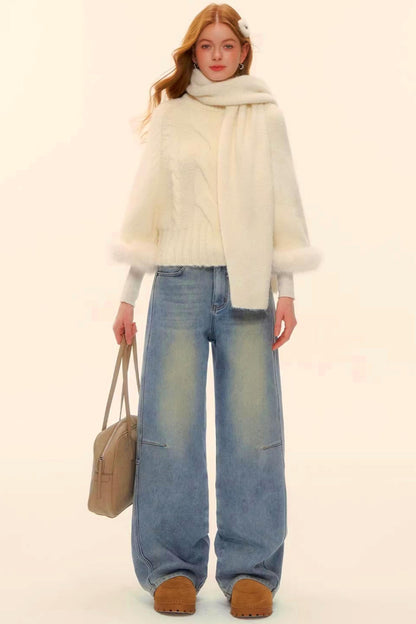 Washed Denim Curved Cut Pants