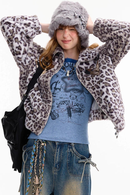 Winter Cat Print Fluffy Coat