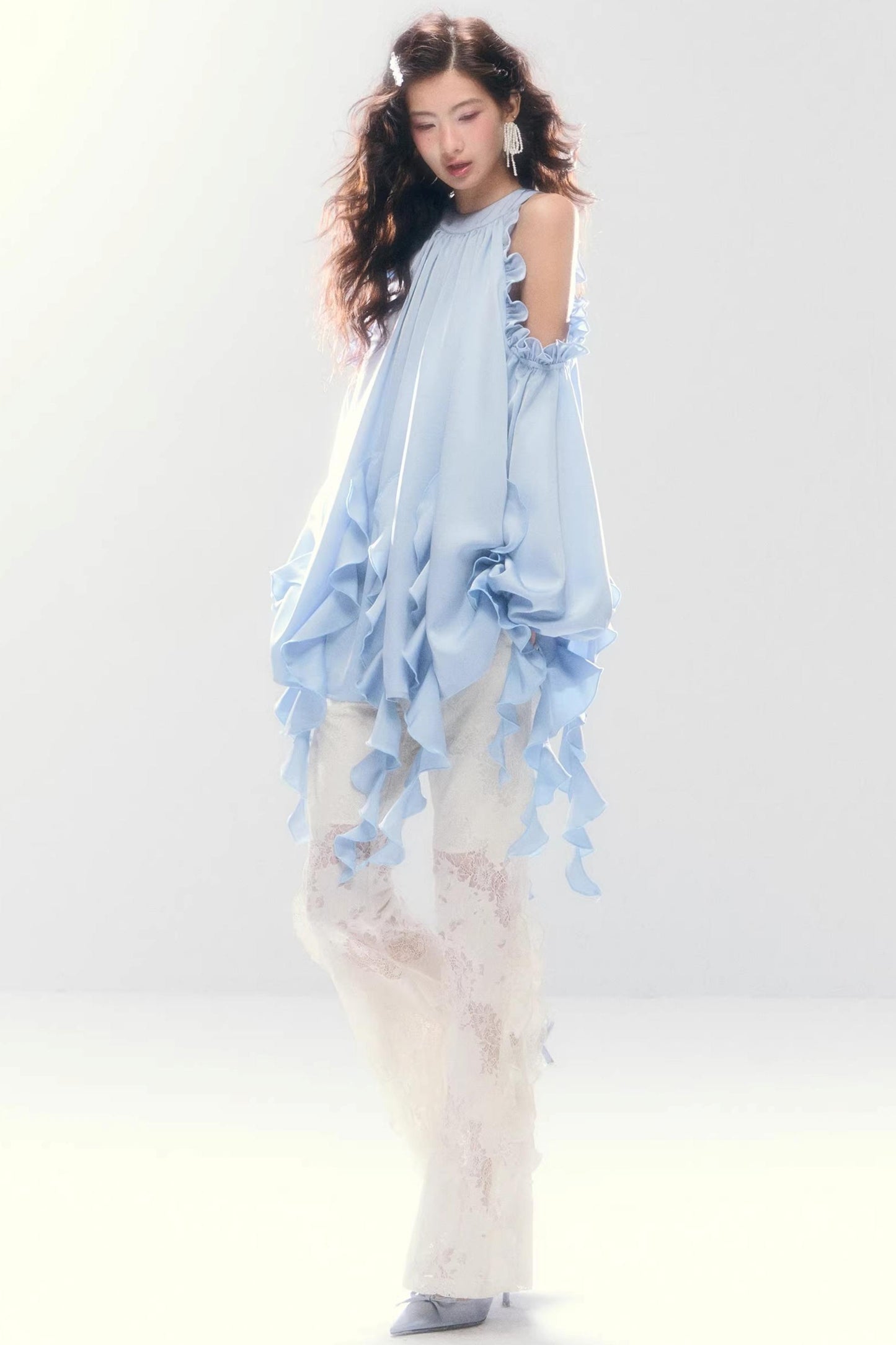 Satin Ruffled Off-Shoulder Dress