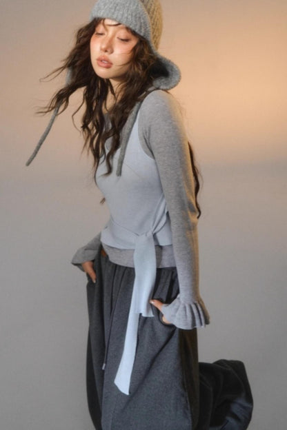 Fake Two Contrasting Tie-Up Sweater