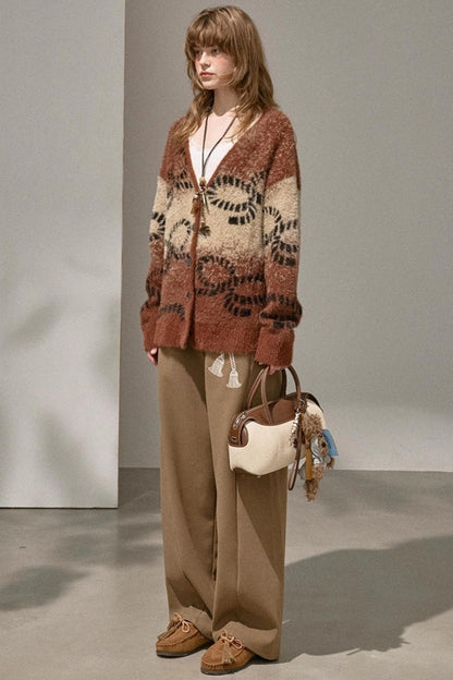 Bow Gradient V-Neck Knitted Cardigan