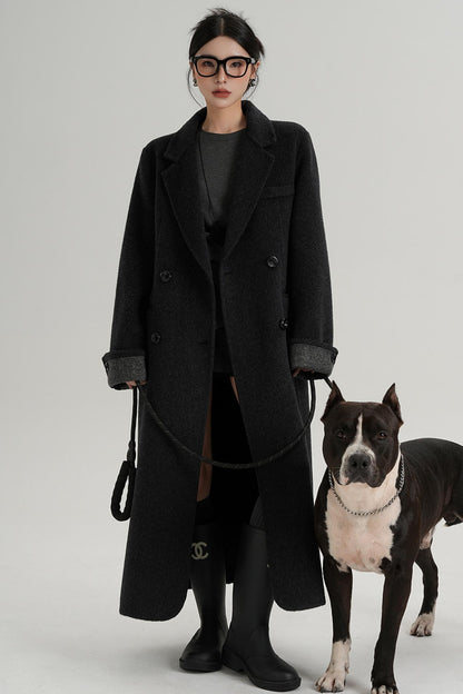 Turn-Sleeve Suit Collar Long Wool Coat