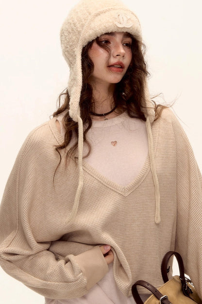 Waffle Knit V-Neck Sweater Set-Up