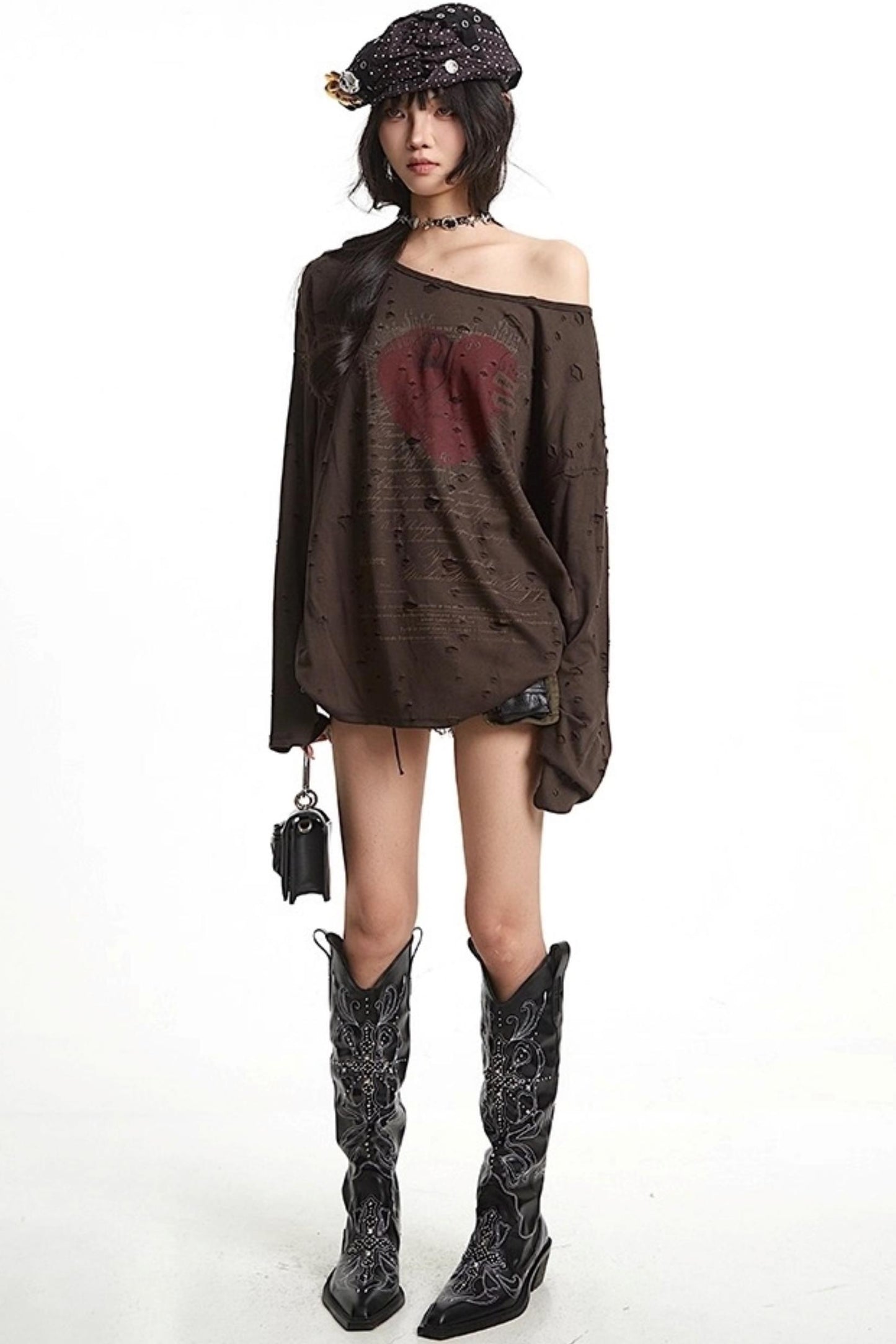 Vintage Love Print Slanted Shoulder T-Shirt