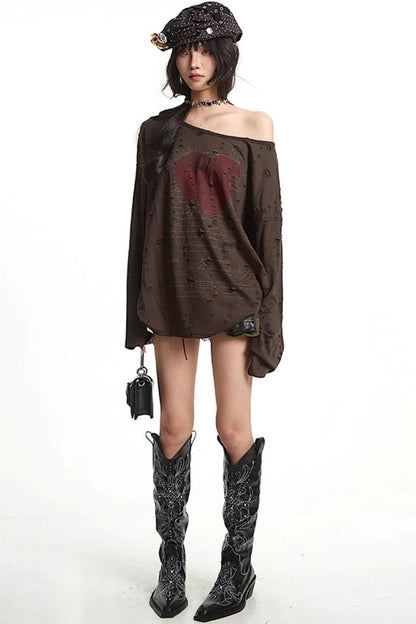 Vintage Love Print Slanted Shoulder T-Shirt