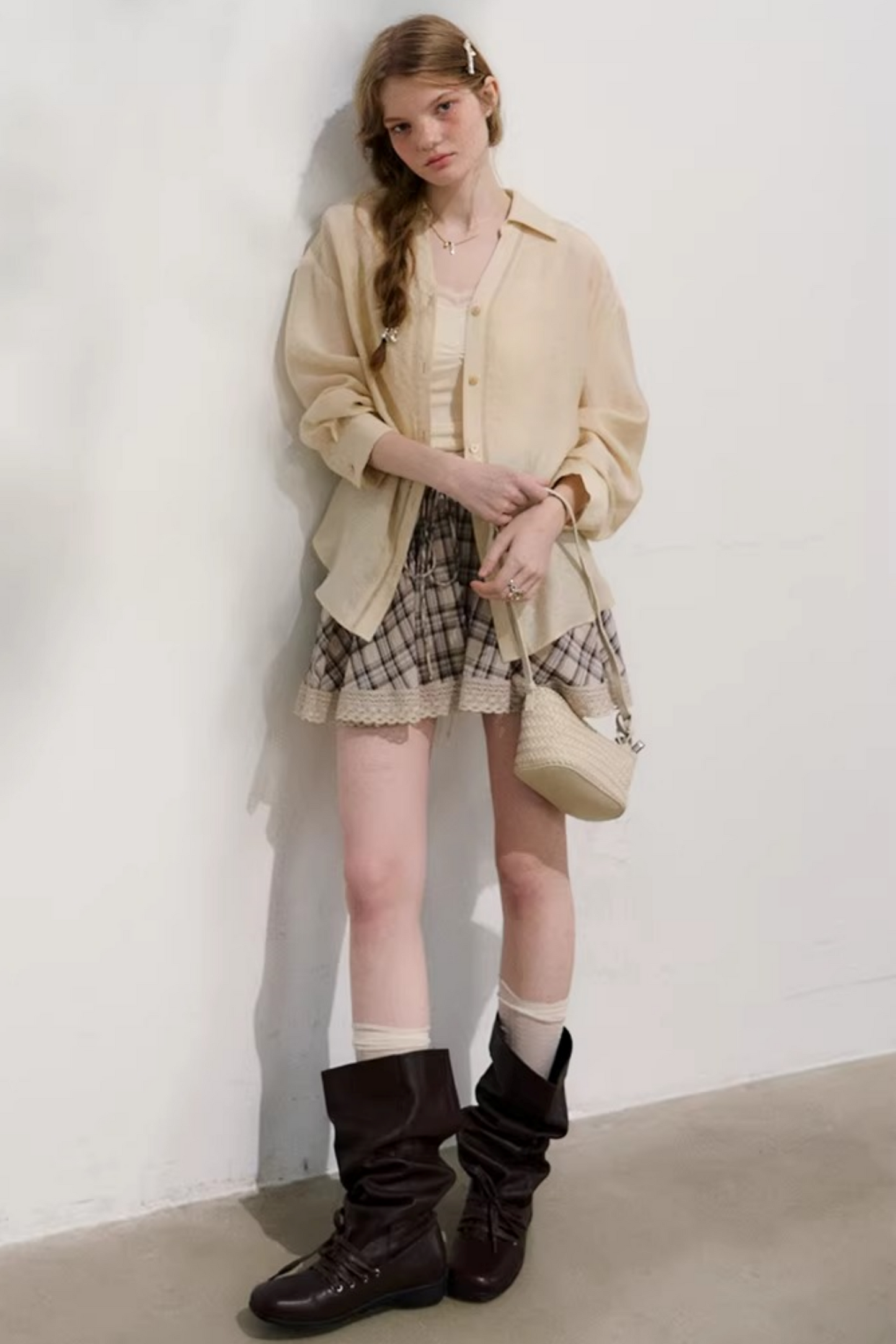 Plaid Lace Pleated Skirt