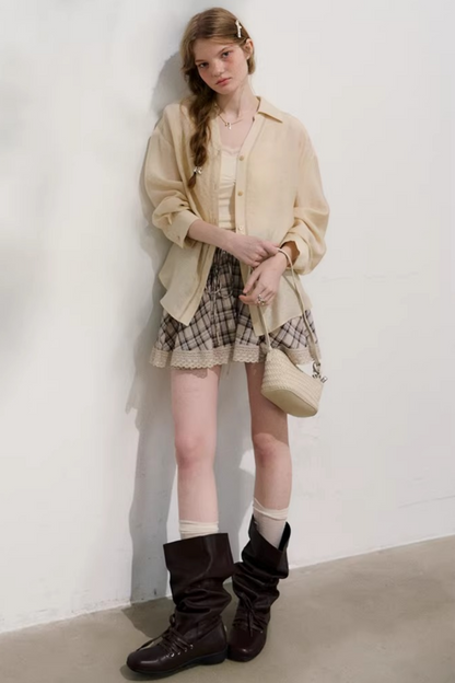 Plaid Lace Pleated Skirt