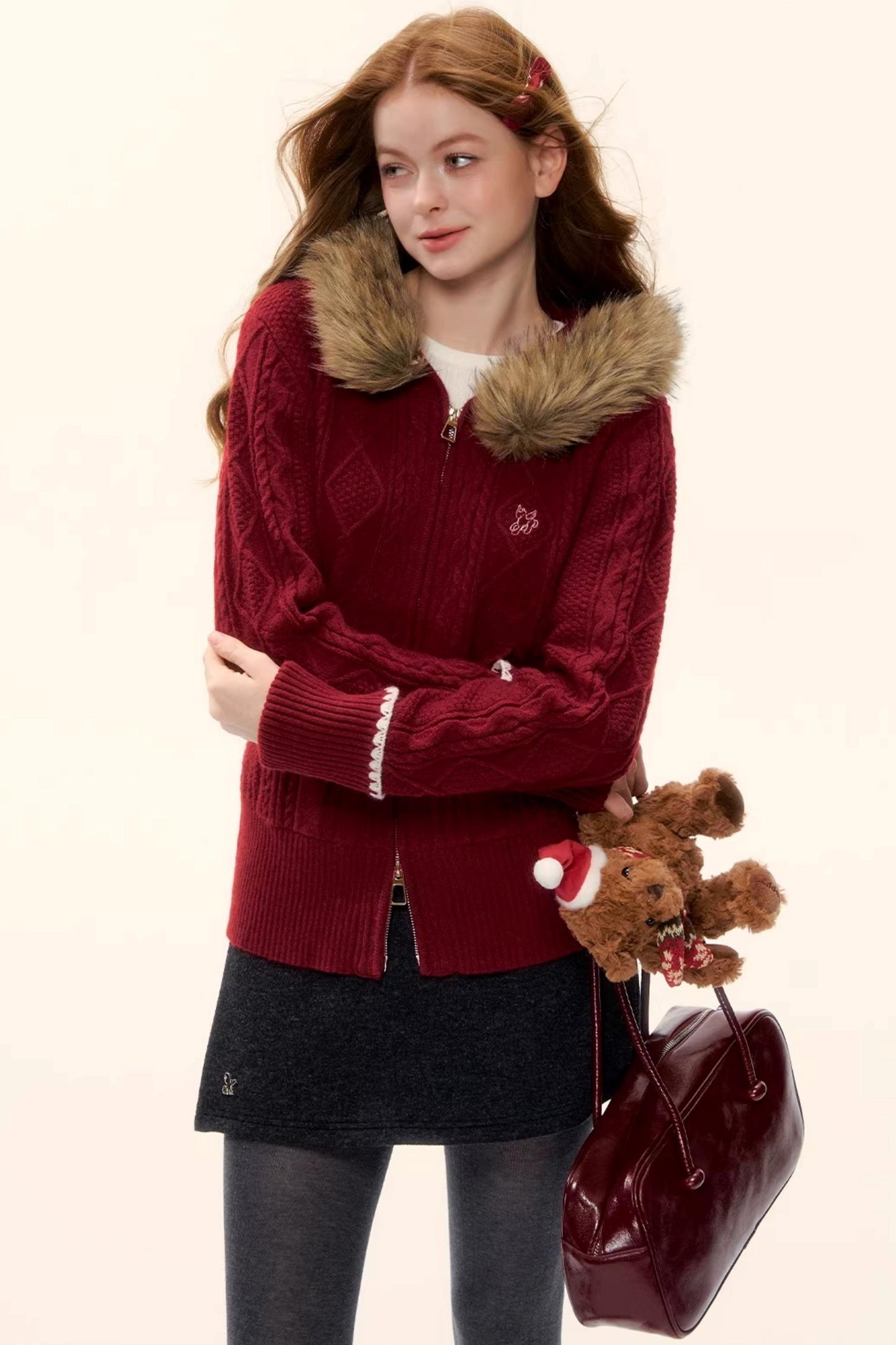 Red Hooded Knit Jacket Set-Up